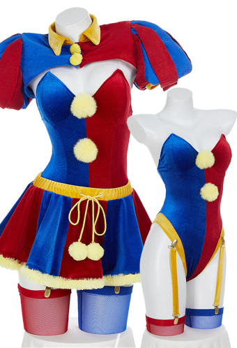 Halloween Clown Lingerie Set Blue Red Bodysuit and Mini Skirt with Gloves and Hat
