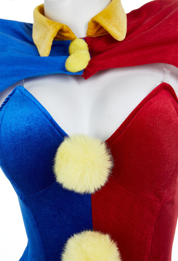 Halloween Clown Lingerie Set Blue Red Bodysuit and Mini Skirt with Gloves and Hat