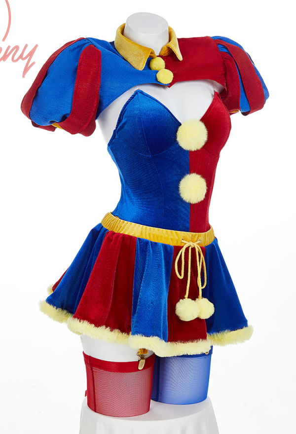 Halloween Clown Lingerie Set Blue Red Bodysuit and Mini Skirt with Gloves and Hat