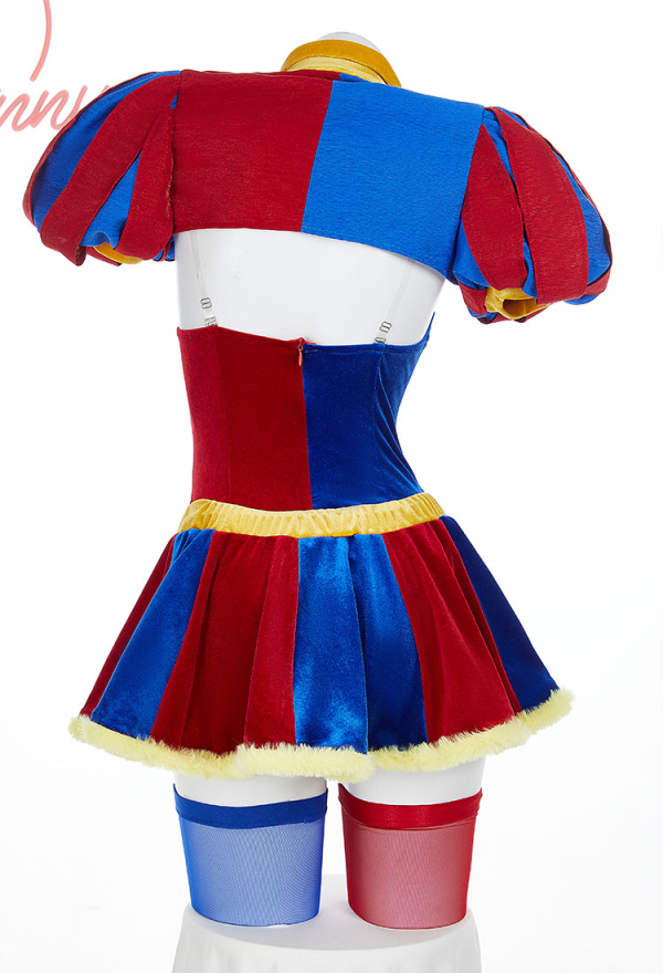 Halloween Clown Lingerie Set Blue Red Bodysuit and Mini Skirt with Gloves and Hat