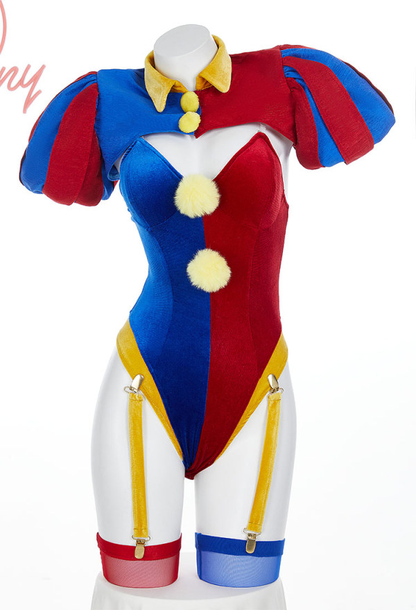 Halloween Clown Lingerie Set Blue Red Bodysuit and Mini Skirt with Gloves and Hat