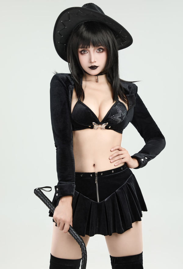 Dark Rave Gothic Cowgirl Style Suit Black Sexy Bra and Skirt with Crop Top and Hat