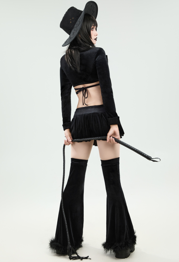 Dark Rave Gothic Cowgirl Style Suit Black Sexy Bra and Skirt with Crop Top and Hat