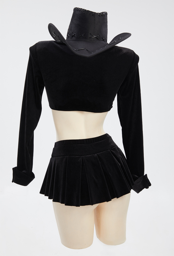 Dark Rave Gothic Cowgirl Style Suit Black Sexy Bra and Skirt with Crop Top and Hat