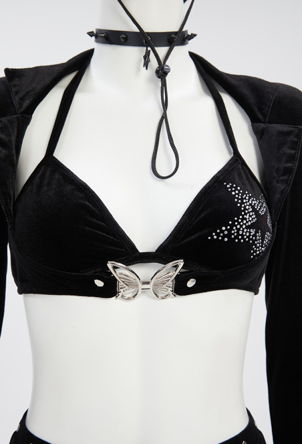 Dark Rave Gothic Cowgirl Style Suit Black Sexy Bra and Skirt with Crop Top and Hat