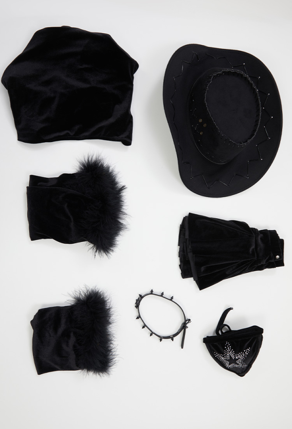 Dark Rave Gothic Cowgirl Style Suit Black Sexy Bra and Skirt with Crop Top and Hat