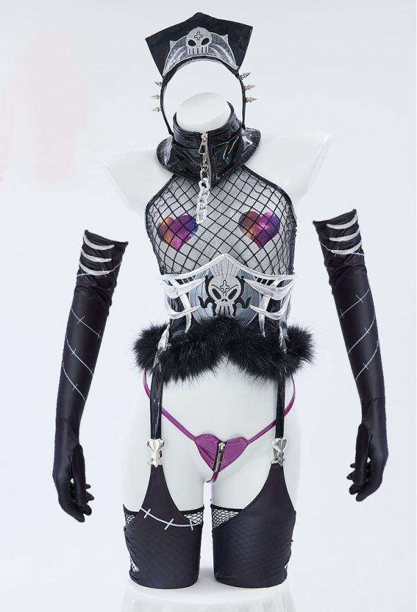 Sexy Lingerie Mesh Top Panty Set with Headband and Waist Belt