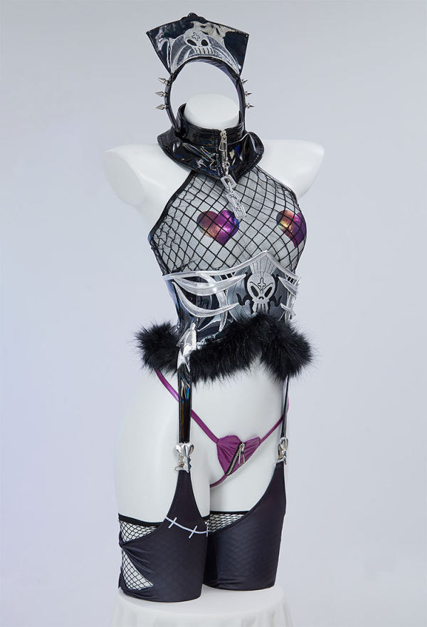 Sexy Lingerie Mesh Top Panty Set with Headband and Waist Belt