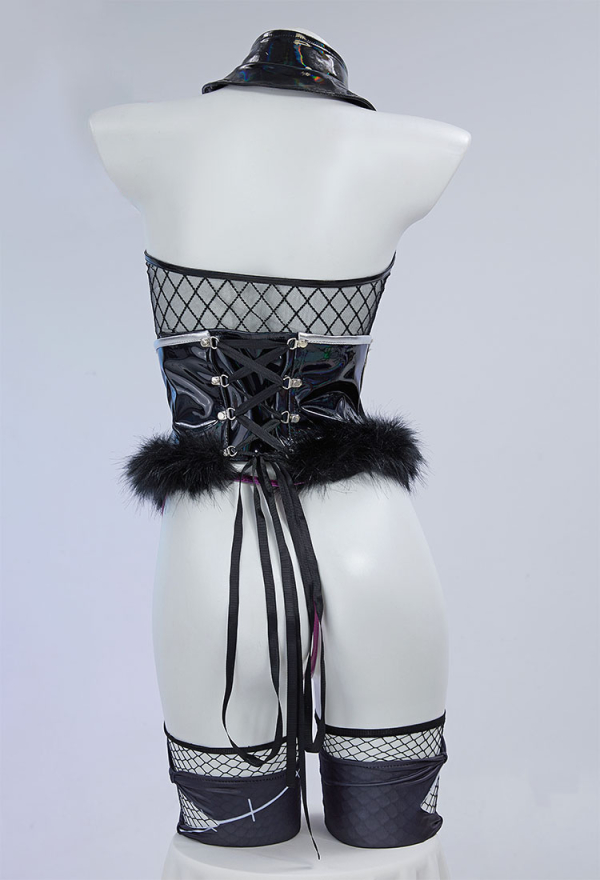 Sexy Lingerie Mesh Top Panty Set with Headband and Waist Belt