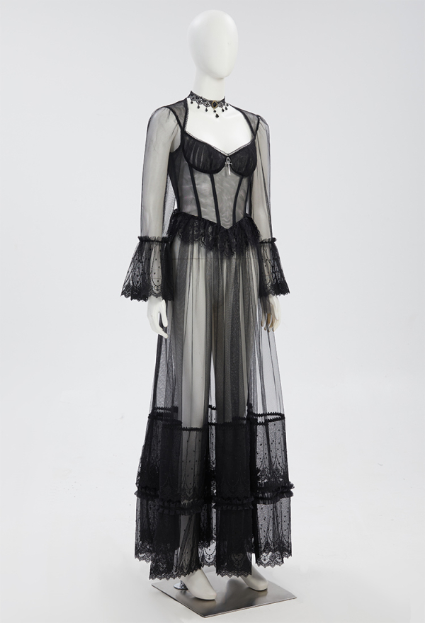 Dreamy Beauty Gothic Vampire Style Dress Black Lace Semi-Transparent Long Dress with Choker