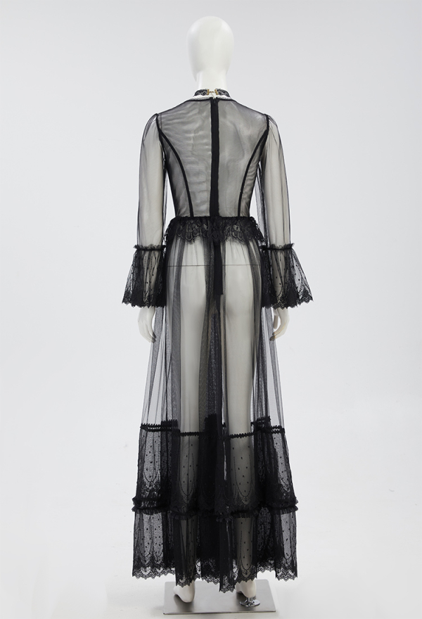 Dreamy Beauty Gothic Vampire Style Dress Black Lace Semi-Transparent Long Dress with Choker