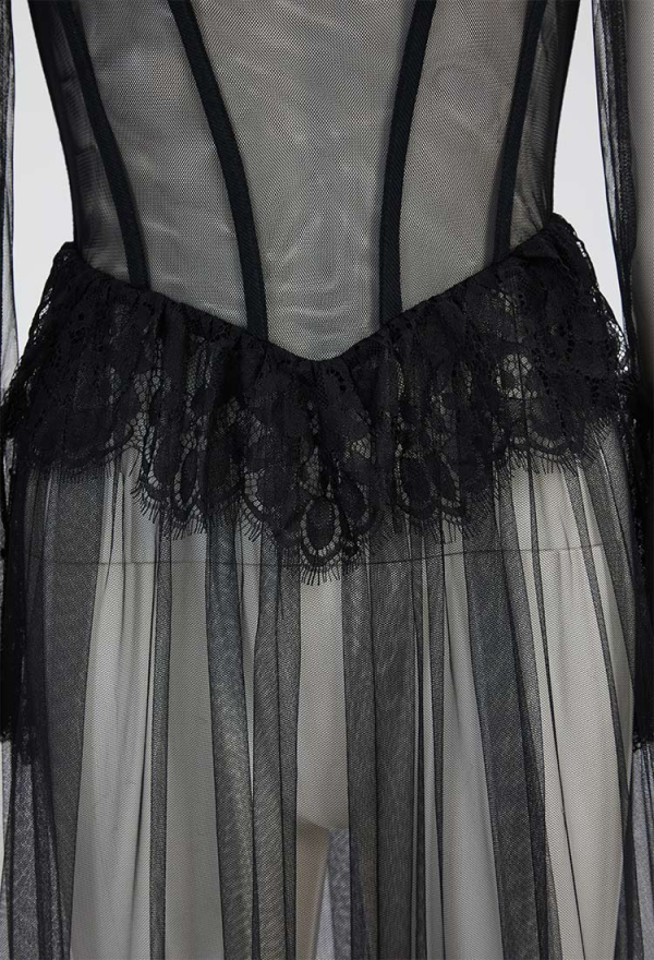 Dreamy Beauty Gothic Vampire Style Dress Black Lace Semi-Transparent Long Dress with Choker