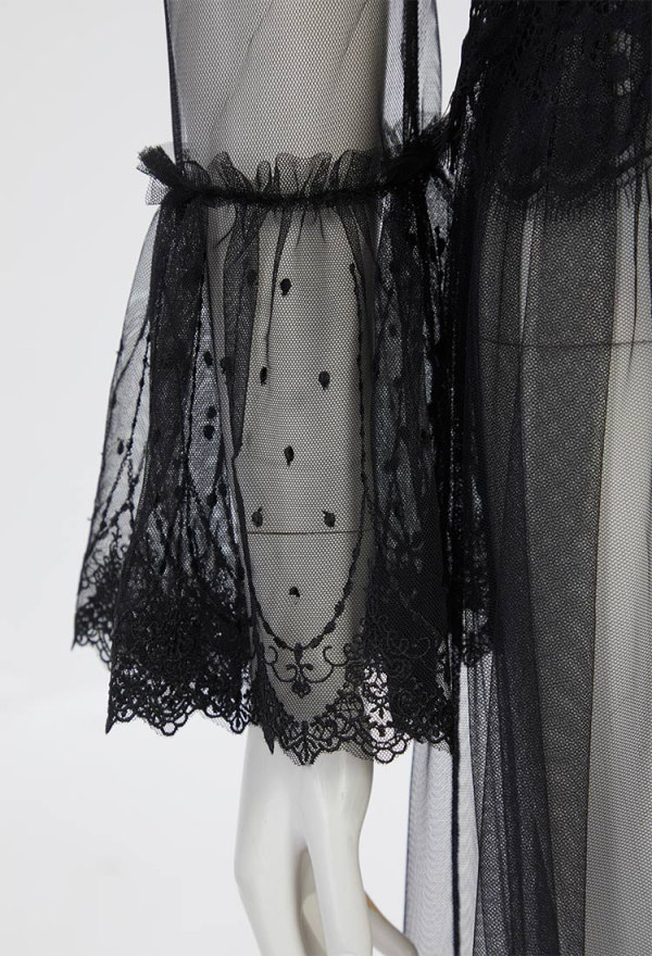 Dreamy Beauty Gothic Vampire Style Dress Black Lace Semi-Transparent Long Dress with Choker