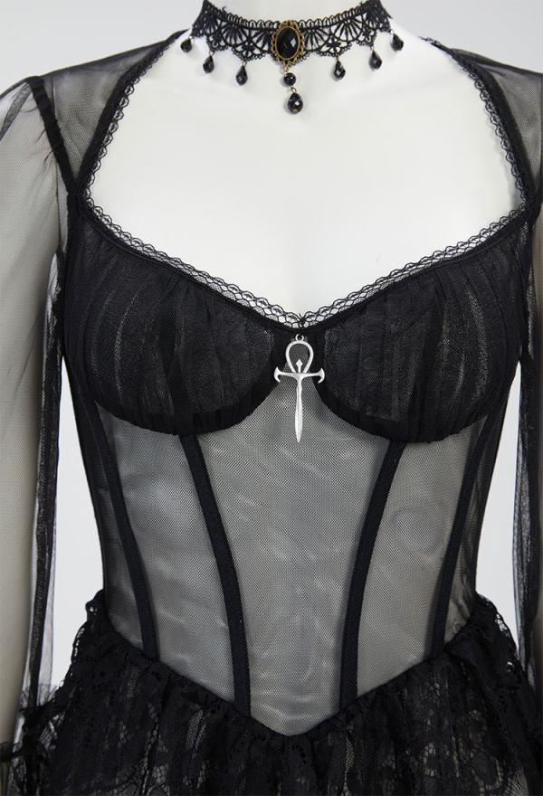 Dreamy Beauty Gothic Vampire Style Dress Black Lace Semi-Transparent Long Dress with Choker