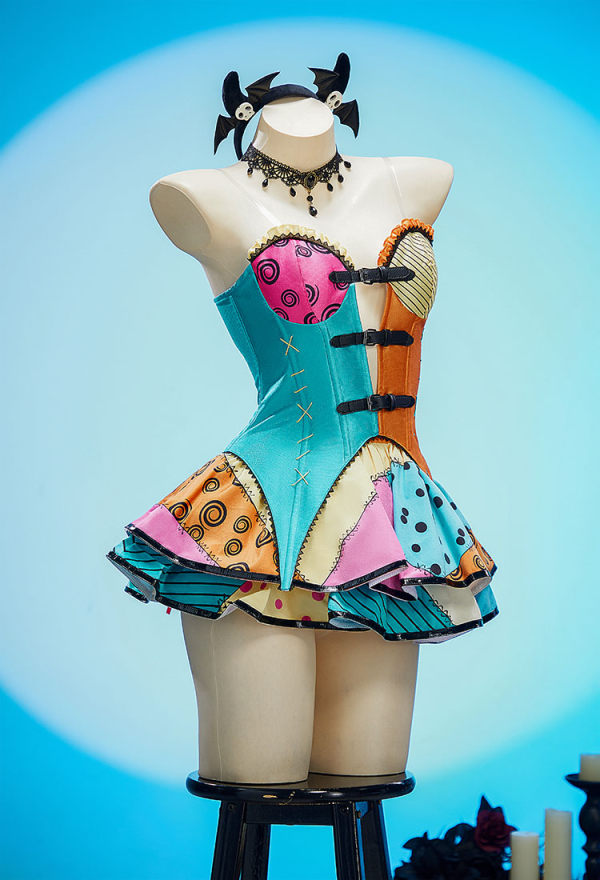 Sweet Nightmare Gothic Halloween Set V-neck Corset and Double Layered Skirt Corlorful Patchwork Costume Suit with Headband Sweet Nightmare Gothic Halloween Set V-neck Corset and Double Layered Skirt Corlorful Patchwork Costume Suit with Headband
