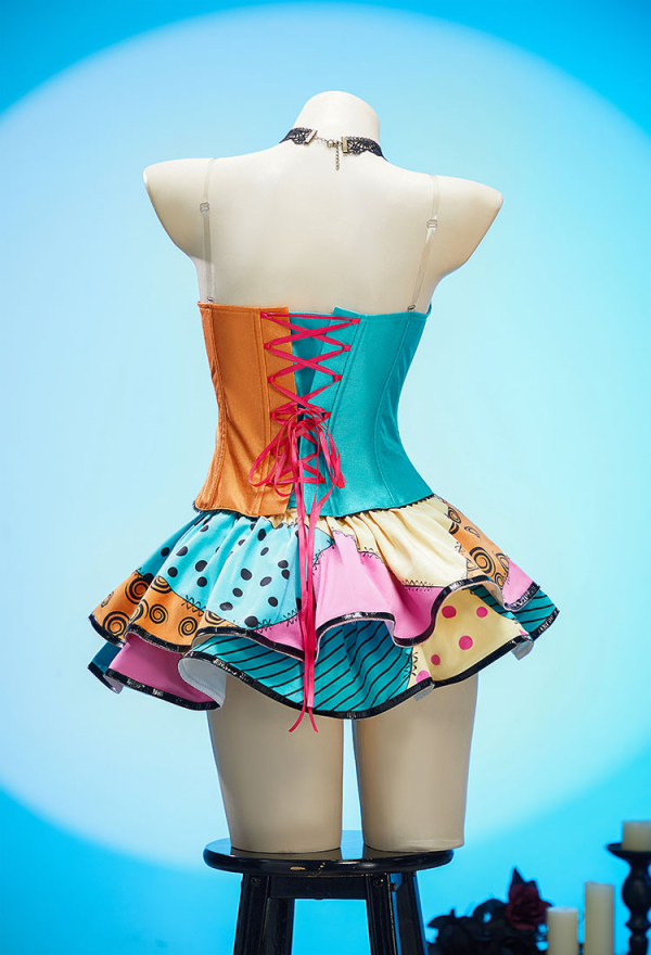 Sweet Nightmare Gothic Halloween Set V-neck Corset and Double Layered Skirt Corlorful Patchwork Costume Suit with Headband Sweet Nightmare Gothic Halloween Set V-neck Corset and Double Layered Skirt Corlorful Patchwork Costume Suit with Headband
