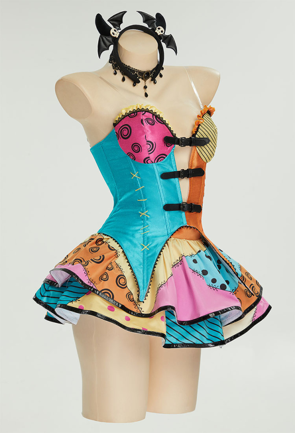 Sweet Nightmare Gothic Halloween Set V-neck Corset and Double Layered Skirt Corlorful Patchwork Costume Suit with Headband Sweet Nightmare Gothic Halloween Set V-neck Corset and Double Layered Skirt Corlorful Patchwork Costume Suit with Headband
