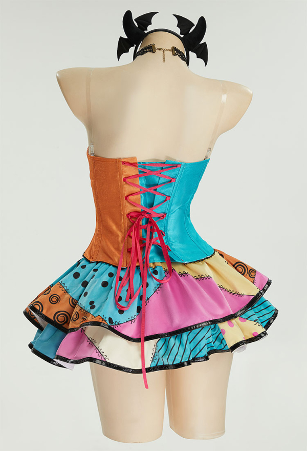 Sweet Nightmare Gothic Halloween Set V-neck Corset and Double Layered Skirt Corlorful Patchwork Costume Suit with Headband Sweet Nightmare Gothic Halloween Set V-neck Corset and Double Layered Skirt Corlorful Patchwork Costume Suit with Headband