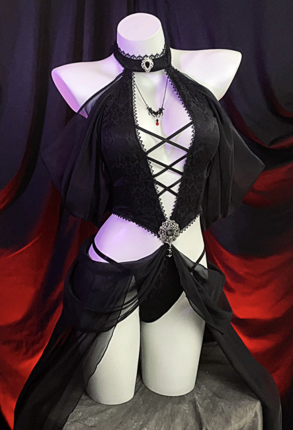 Beauty of Shadow Gothic Elf Style Sexy Costume Black Bodysuit with Sleeves and Necklace Beauty of Shadow Gothic Elf Style Sexy Costume Black Bodysuit with Sleeves and Necklace