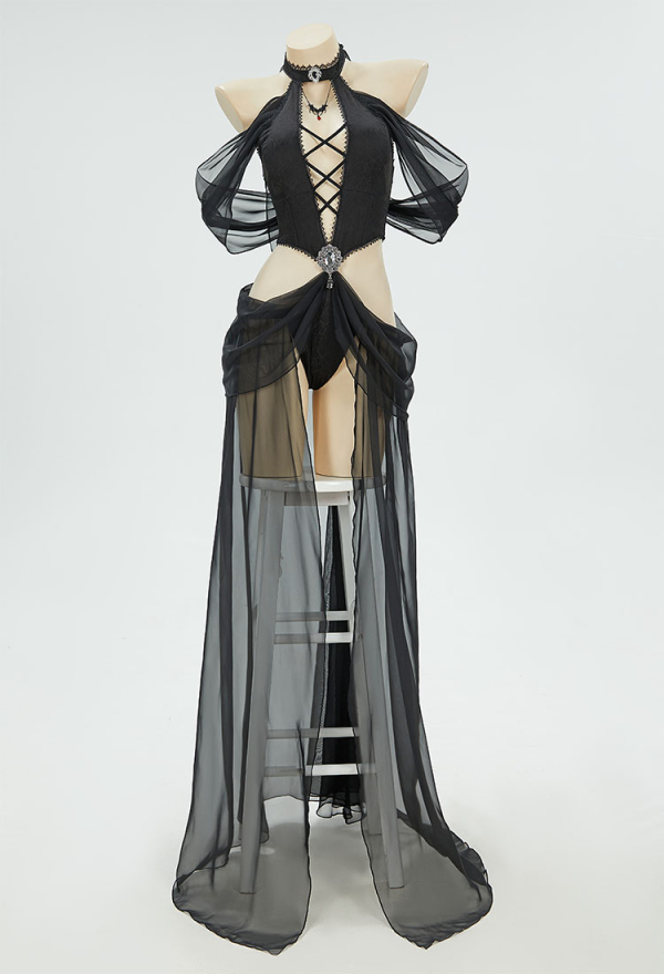 Beauty of Shadow Gothic Elf Style Sexy Costume Black Bodysuit with Sleeves and Necklace Beauty of Shadow Gothic Elf Style Sexy Costume Black Bodysuit with Sleeves and Necklace