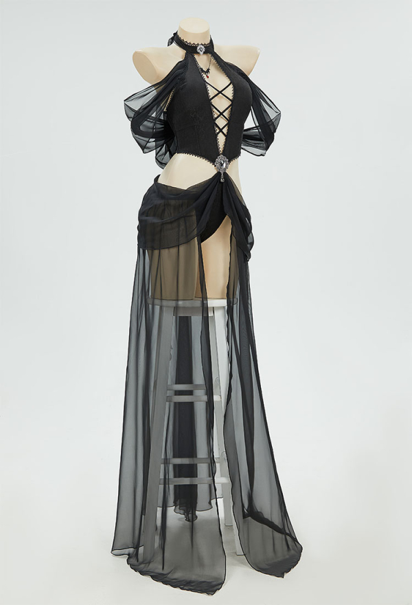 Beauty of Shadow Gothic Elf Style Sexy Costume Black Bodysuit with Sleeves and Necklace Beauty of Shadow Gothic Elf Style Sexy Costume Black Bodysuit with Sleeves and Necklace