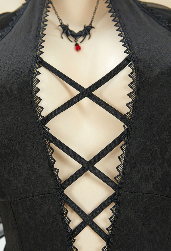 Beauty of Shadow Gothic Elf Style Sexy Costume Black Bodysuit with Sleeves and Necklace Beauty of Shadow Gothic Elf Style Sexy Costume Black Bodysuit with Sleeves and Necklace