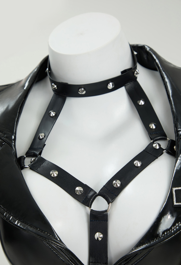 Police Officer Costume Sexy Lingerie Bodysuit Set Deep V Studded Bodysuit and Hat with Belt and Mesh Stockings