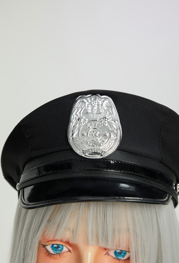 Police Officer Costume Sexy Lingerie Bodysuit Set Deep V Studded Bodysuit and Hat with Belt and Mesh Stockings