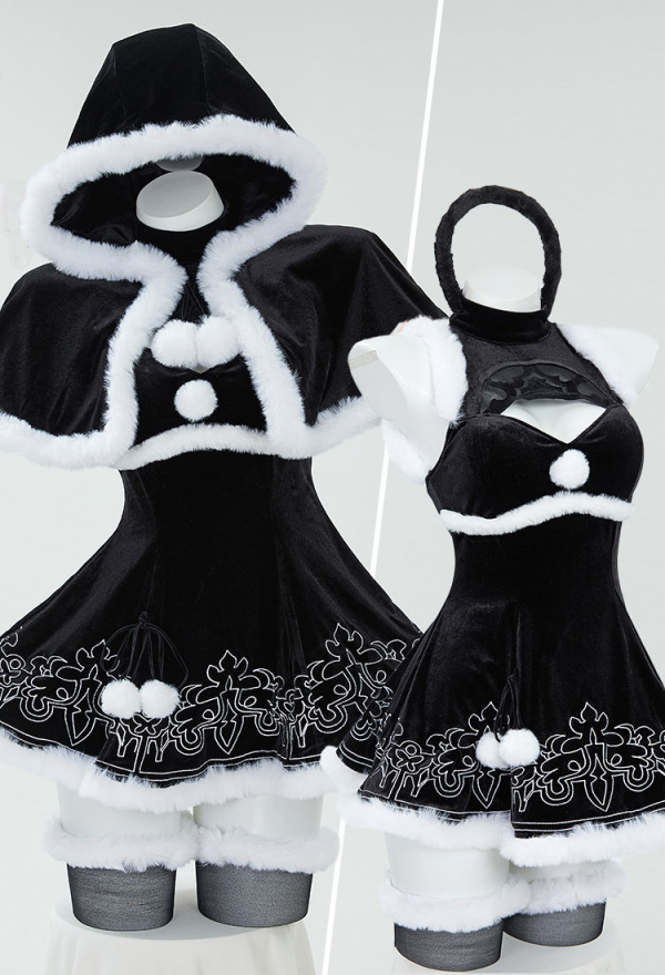 Sexy Lingerie Costume Christmas Furry Dress with Cape and Gloves