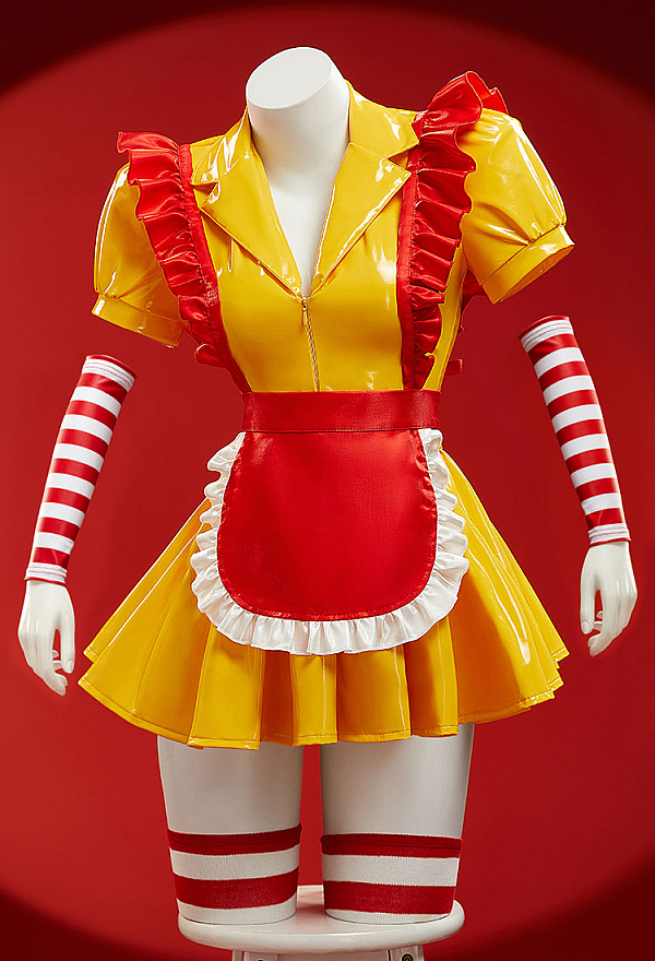 Golden Arches Halloween Sexy Lingerie Maid Uniform Set Waitress Yellow Dress with Red Apron and Hat