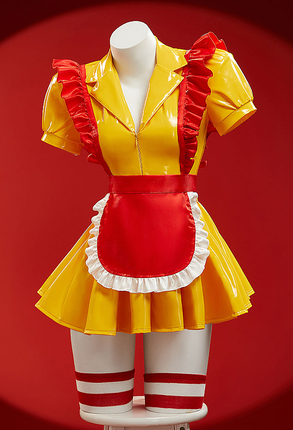 Golden Arches Halloween Sexy Lingerie Maid Uniform Set Waitress Yellow Dress with Red Apron and Hat