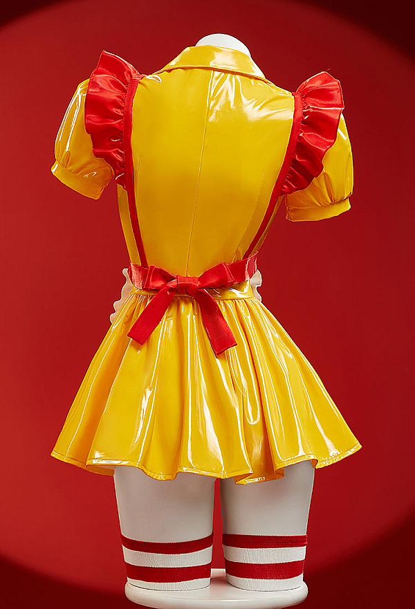 Golden Arches Halloween Sexy Lingerie Maid Uniform Set Waitress Yellow Dress with Red Apron and Hat