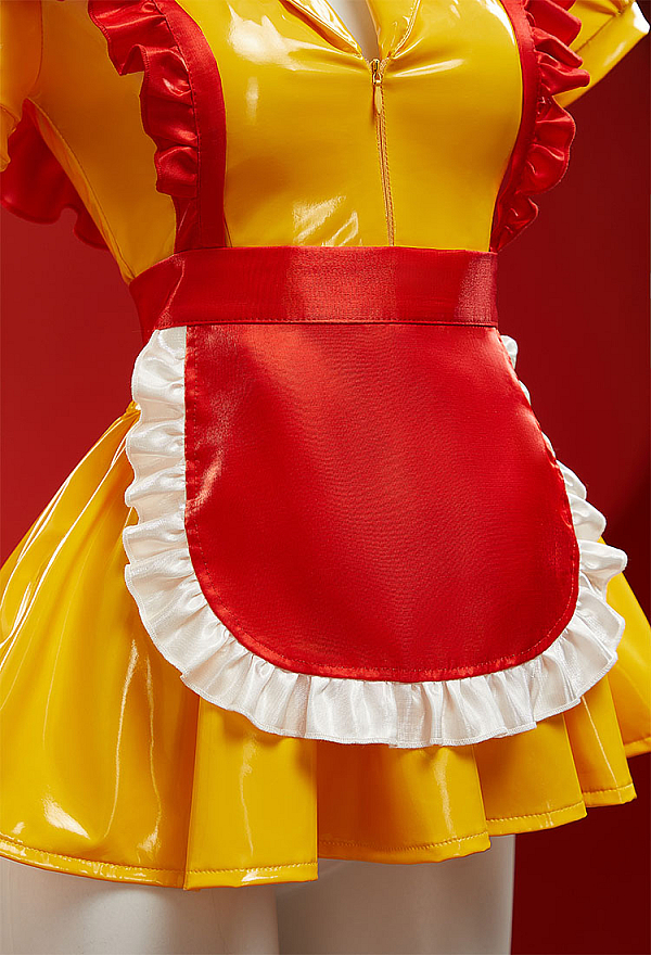 Golden Arches Halloween Sexy Lingerie Maid Uniform Set Waitress Yellow Dress with Red Apron and Hat