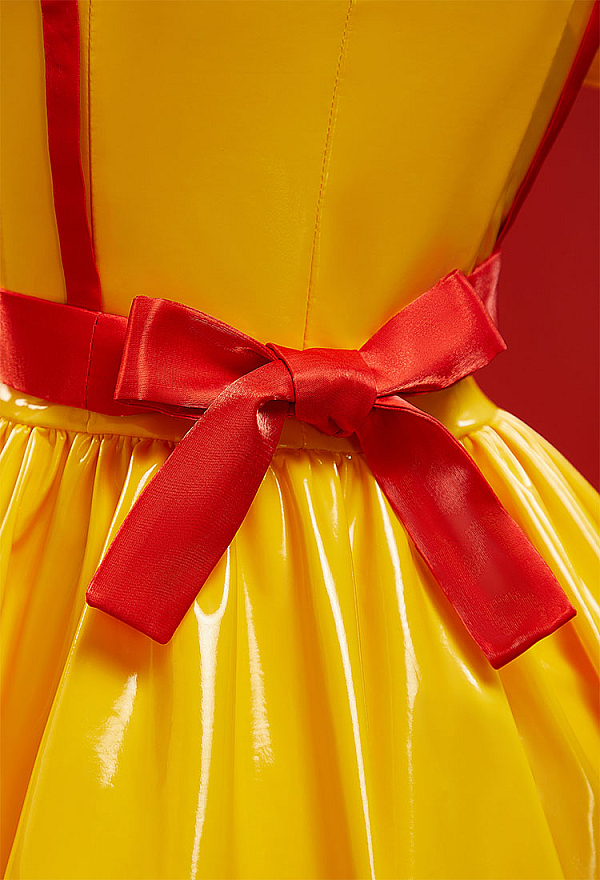 Golden Arches Halloween Sexy Lingerie Maid Uniform Set Waitress Yellow Dress with Red Apron and Hat