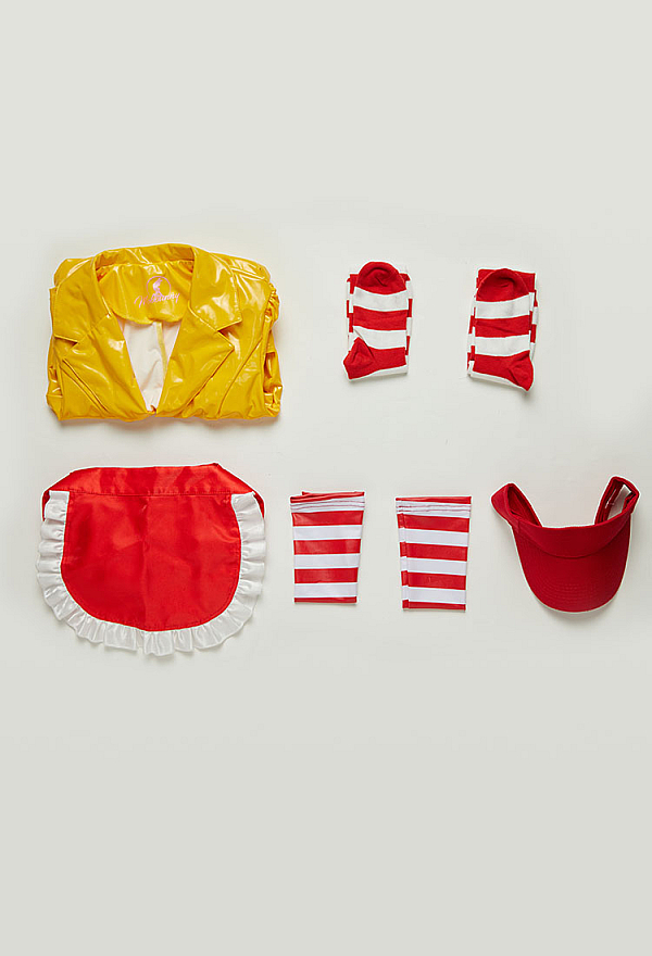 Golden Arches Halloween Sexy Lingerie Maid Uniform Set Waitress Yellow Dress with Red Apron and Hat