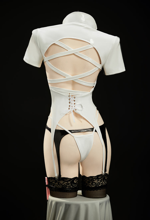 Heart Healer Sexy Cosplay Lingerie White Nurse Uniform Cut Out Bodysuit with Black and White Bra and Thong