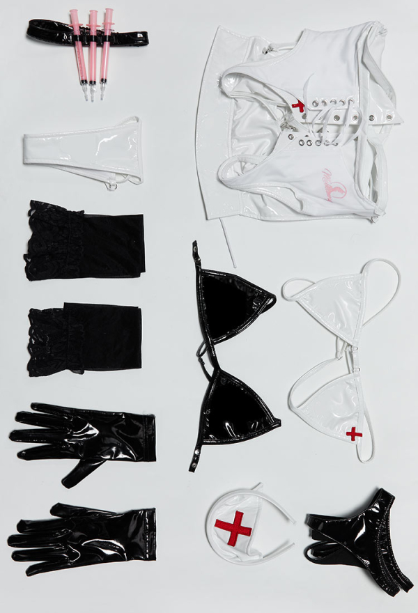 Heart Healer Sexy Cosplay Lingerie White Nurse Uniform Cut Out Bodysuit with Black and White Bra and Thong