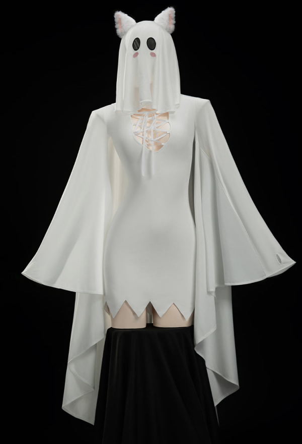 Mysterious Ghost Halloween Dress Irregular Lace-up Dress with Stockings and Ears Mysterious Ghost Halloween Dress Irregular Lace-up Dress with Stockings and Ears