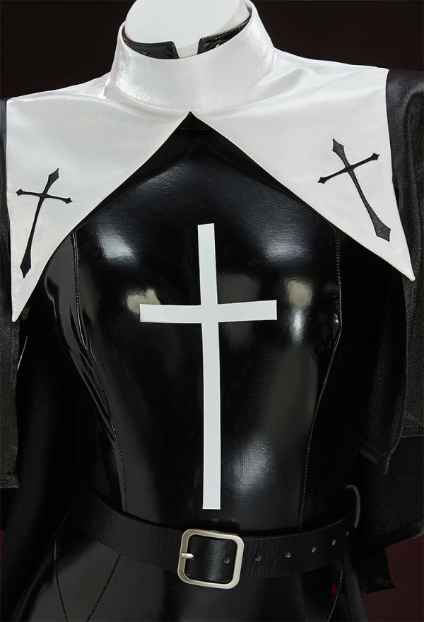 HOLY LOVE Sexy Nun Bodysuit Black Cross Tight Bodysuit with Shawl and Kerchief