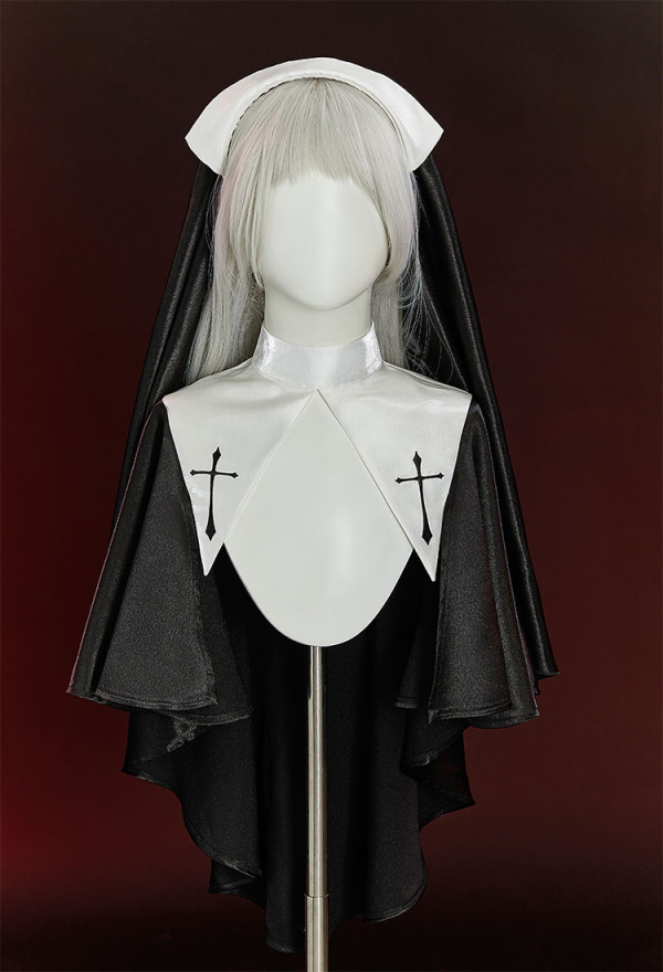 HOLY LOVE Sexy Nun Bodysuit Black Cross Tight Bodysuit with Shawl and Kerchief