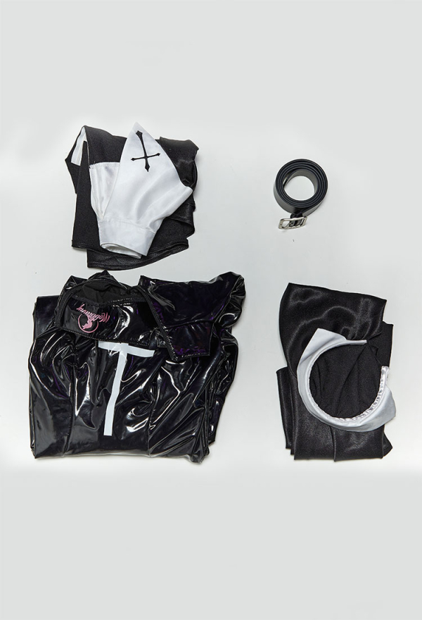 HOLY LOVE Sexy Nun Bodysuit Black Cross Tight Bodysuit with Shawl and Kerchief