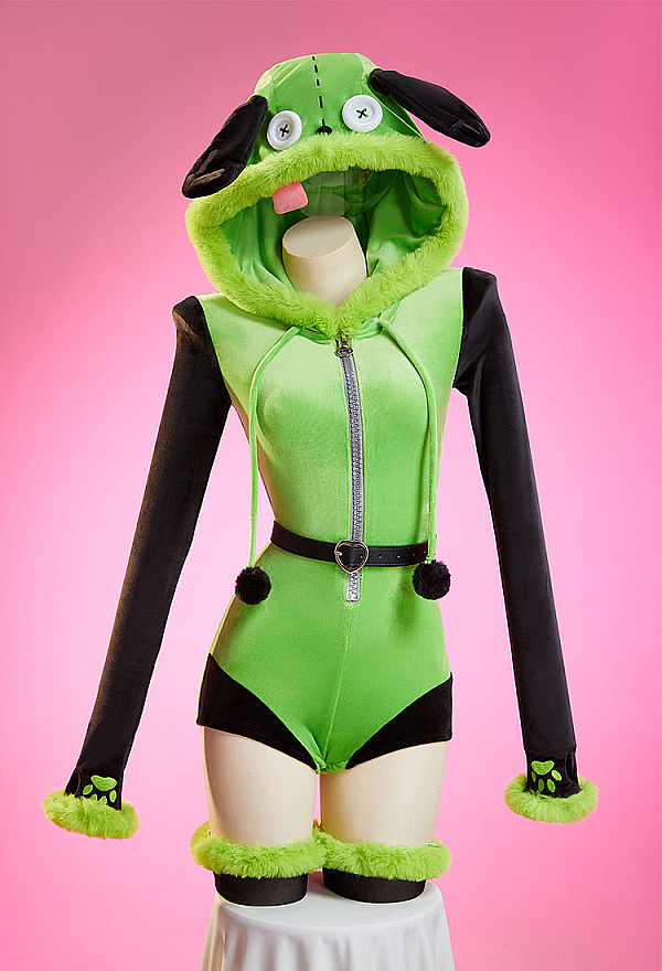 Sexy Cosplay Plush Homewear Green and Black Dog Romper with Belt and Stockings