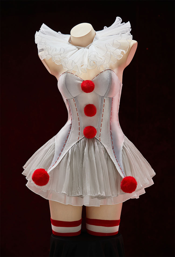 Moonlit Jester Halloween Gothic Lingerie Set Corset Top and Skirt with Collar Sleeves and Stockings
