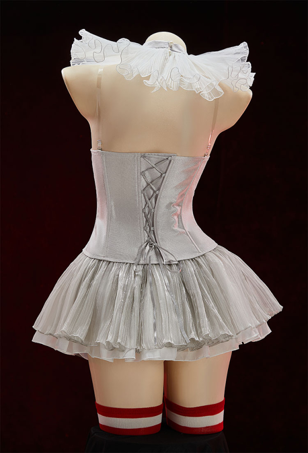 Moonlit Jester Halloween Gothic Lingerie Set Corset Top and Skirt with Collar Sleeves and Stockings