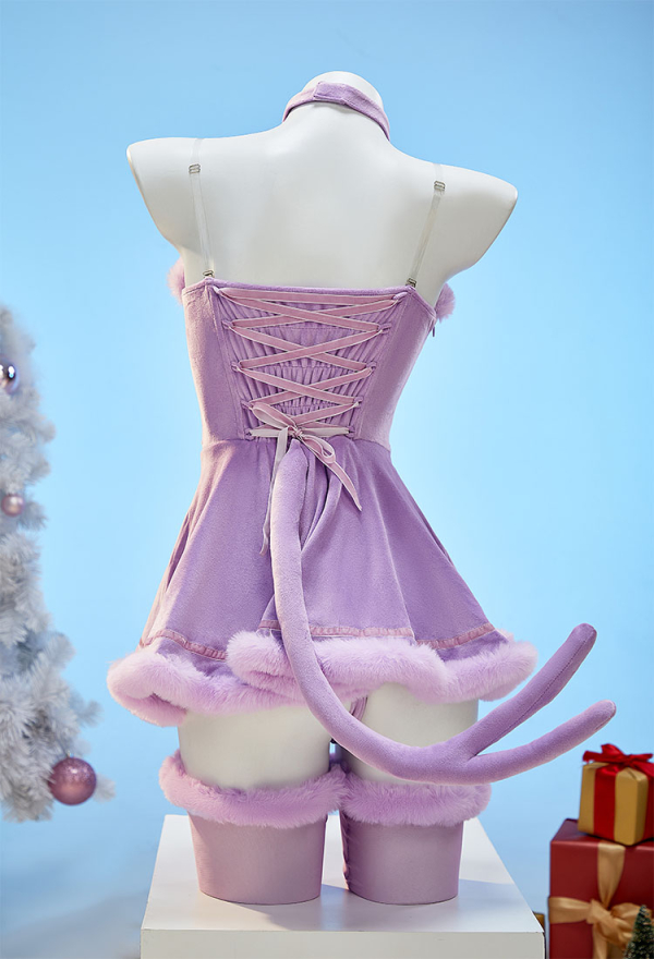Cute Monster Plush Dress Suit Furry Christmas Dress with Headpiece and Tail