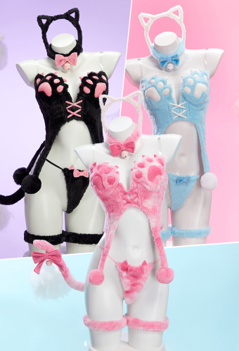 Midnight Meow Sexy Cosplay Set Winter Plush Cute Cat Paw Top and T-Back with Tail