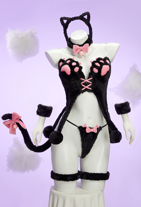 Midnight Meow Sexy Cosplay Set Winter Plush Cute Cat Paw Top and T-Back with Tail