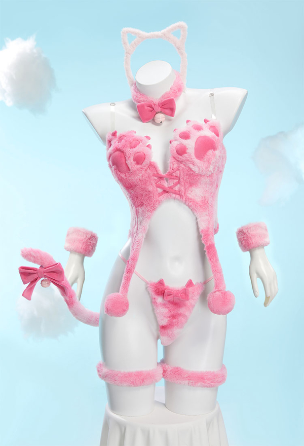 Midnight Meow Sexy Cosplay Set Winter Plush Cute Cat Paw Top and T-Back with Tail