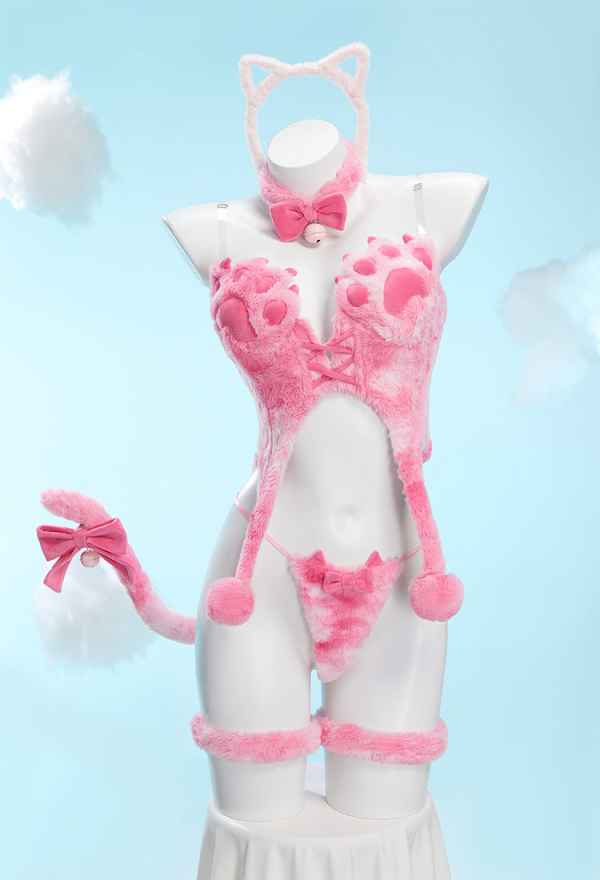Midnight Meow Sexy Cosplay Set Winter Plush Cute Cat Paw Top and T-Back with Tail