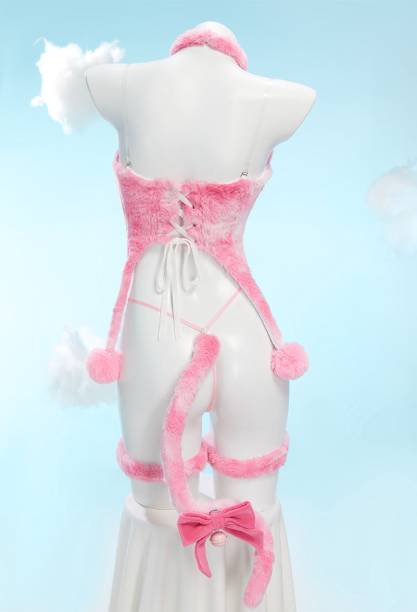 Midnight Meow Sexy Cosplay Set Winter Plush Cute Cat Paw Top and T-Back with Tail